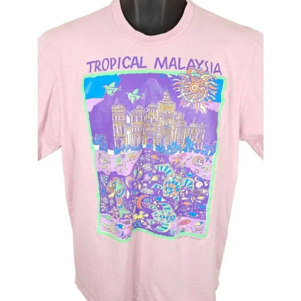 Vintage Tropical Malaysia T Shirt Mens Size Large Pink Travel Destination Tee